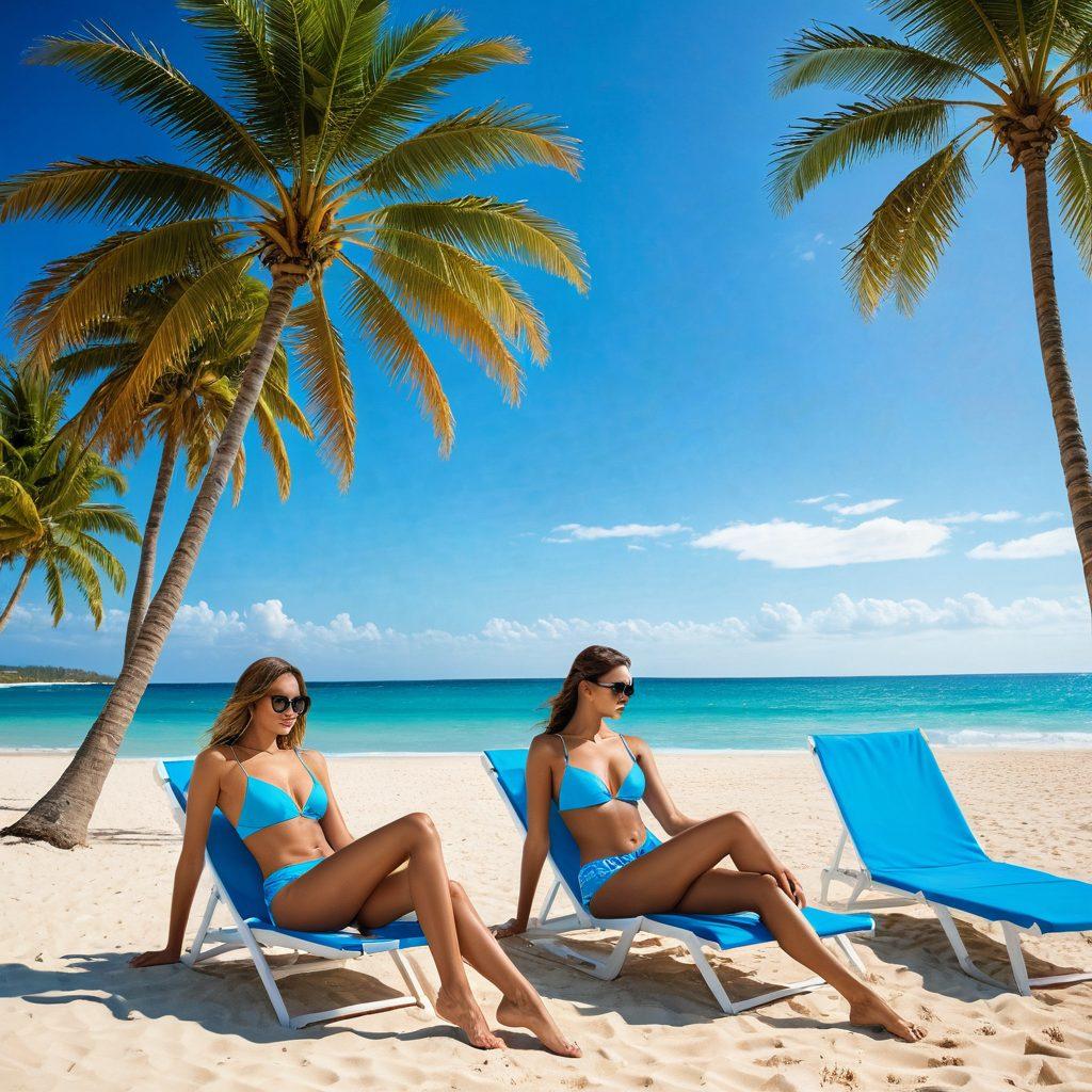 A stunning beach scene featuring diverse models showcasing stylish swimwear and accessories, with vibrant beach elements like palm trees and sun loungers in the background. Emphasize confidence and elegance, capturing different body types and fashion styles, reflecting the essence of a perfect beach day. The sky is bright blue, and the ocean sparkles with sunlight. super-realistic. vibrant colors. warm tones.