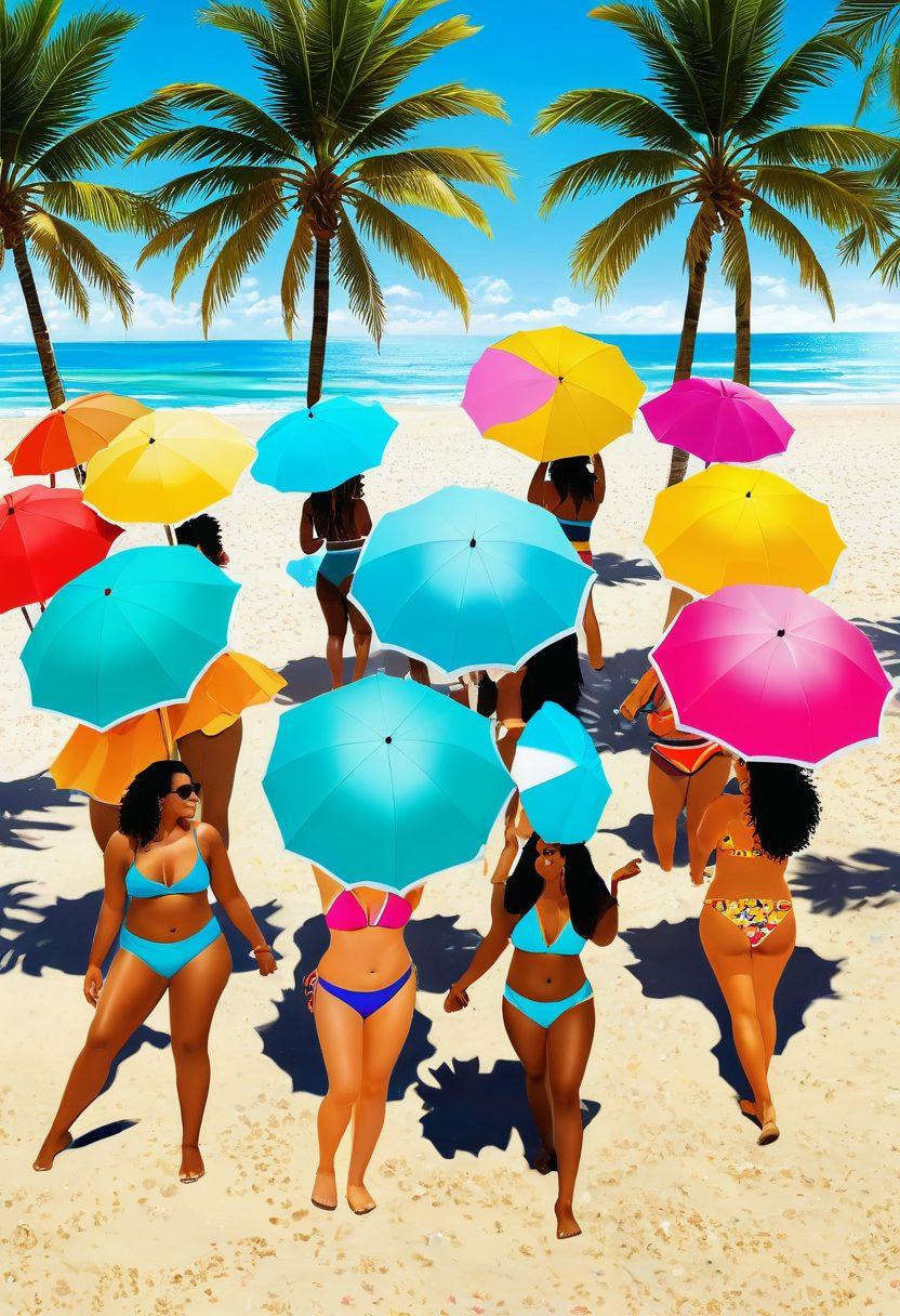 A vibrant beach scene with diverse women confidently wearing stylish bikinis, showcasing body positivity. Sun-kissed golden sand, clear turquoise water, and colorful beach umbrellas in the background. The atmosphere is lively with beachgoers having fun, and palm trees swaying gently in the breeze. Bright summer colors and a sense of joy and confidence radiate throughout the image. super-realistic. vibrant colors. sunny summer vibe.